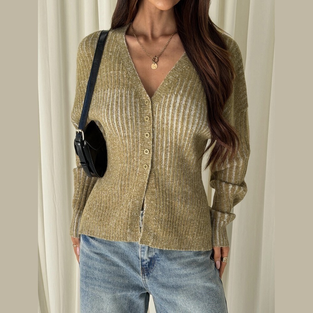 Olive Green Marled Ribbed Knit Button Front V Neck Cardigan